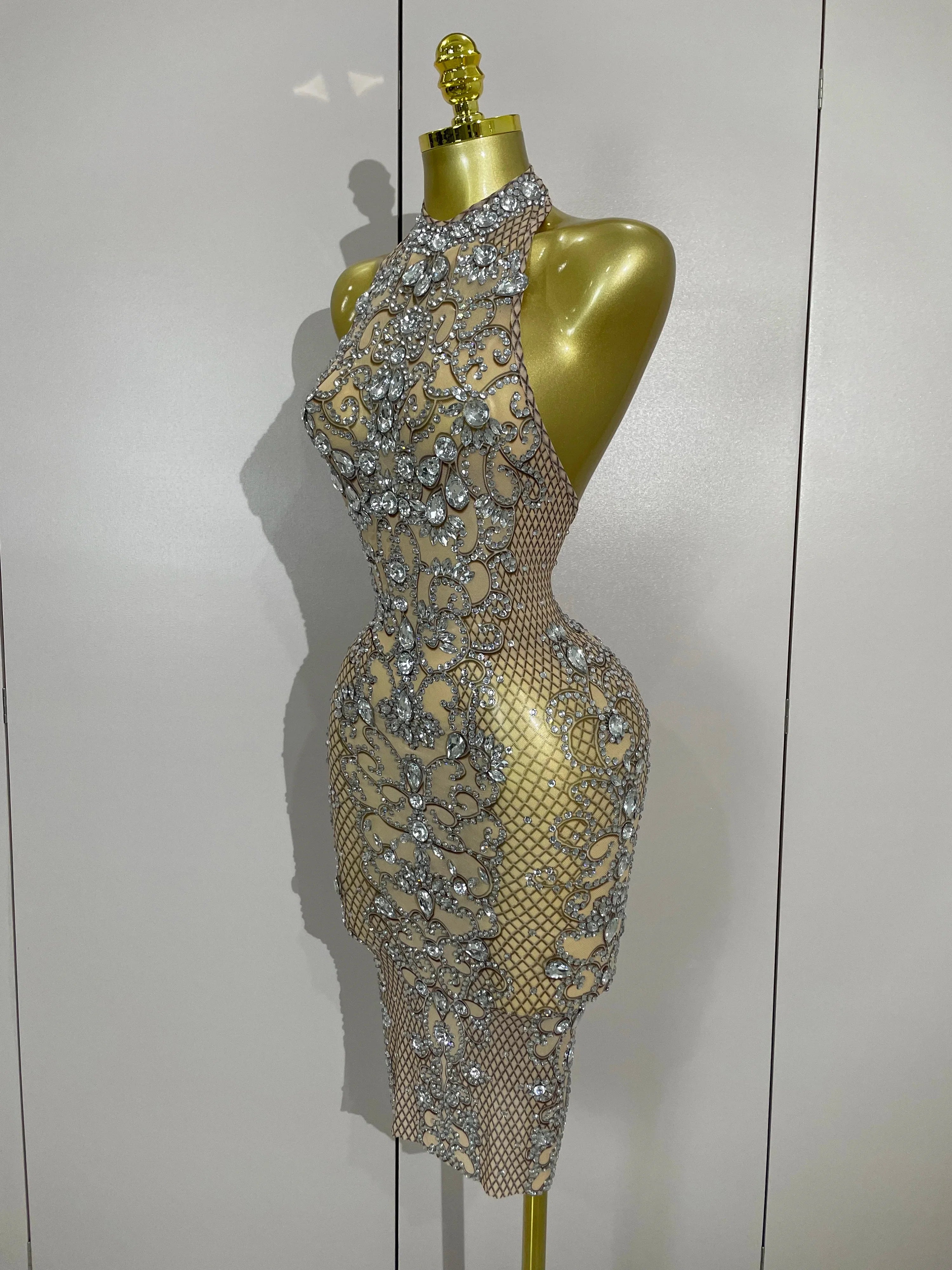 Amelise Sparkly Crystal Diamonds See Through Mesh Dress
