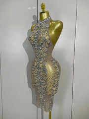 Amelise Sparkly Crystal Diamonds See Through Mesh Dress