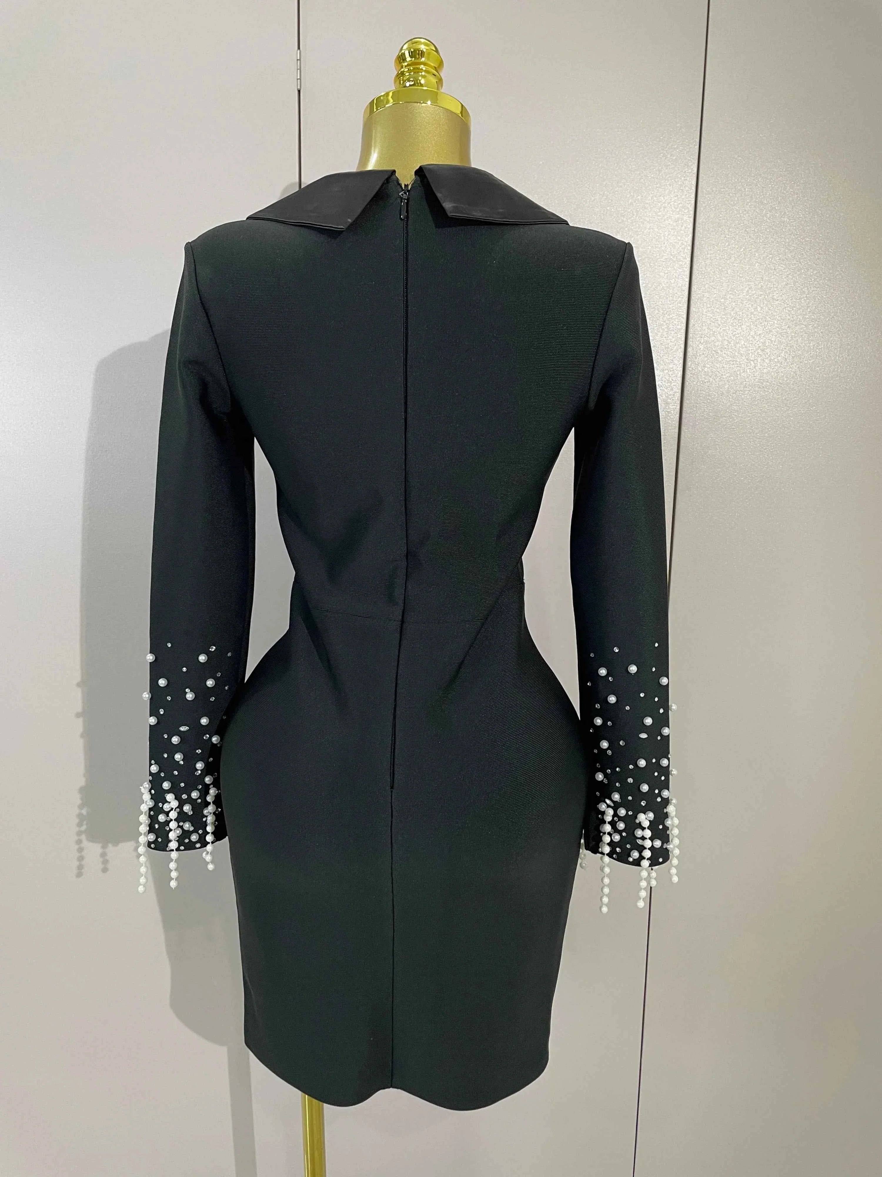Eva Black V-Neck Pearl Beaded Long Sleeve Bodycon Bandage Dress