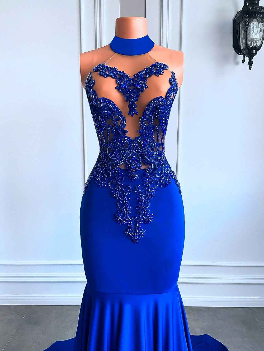 Elegant Royal Blue High Neck Luxury Beaded Embroidery Prom Dress