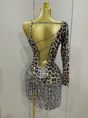 Daniela One-Shoulder Leopard Print Rhinestone Tassel Mini Dress