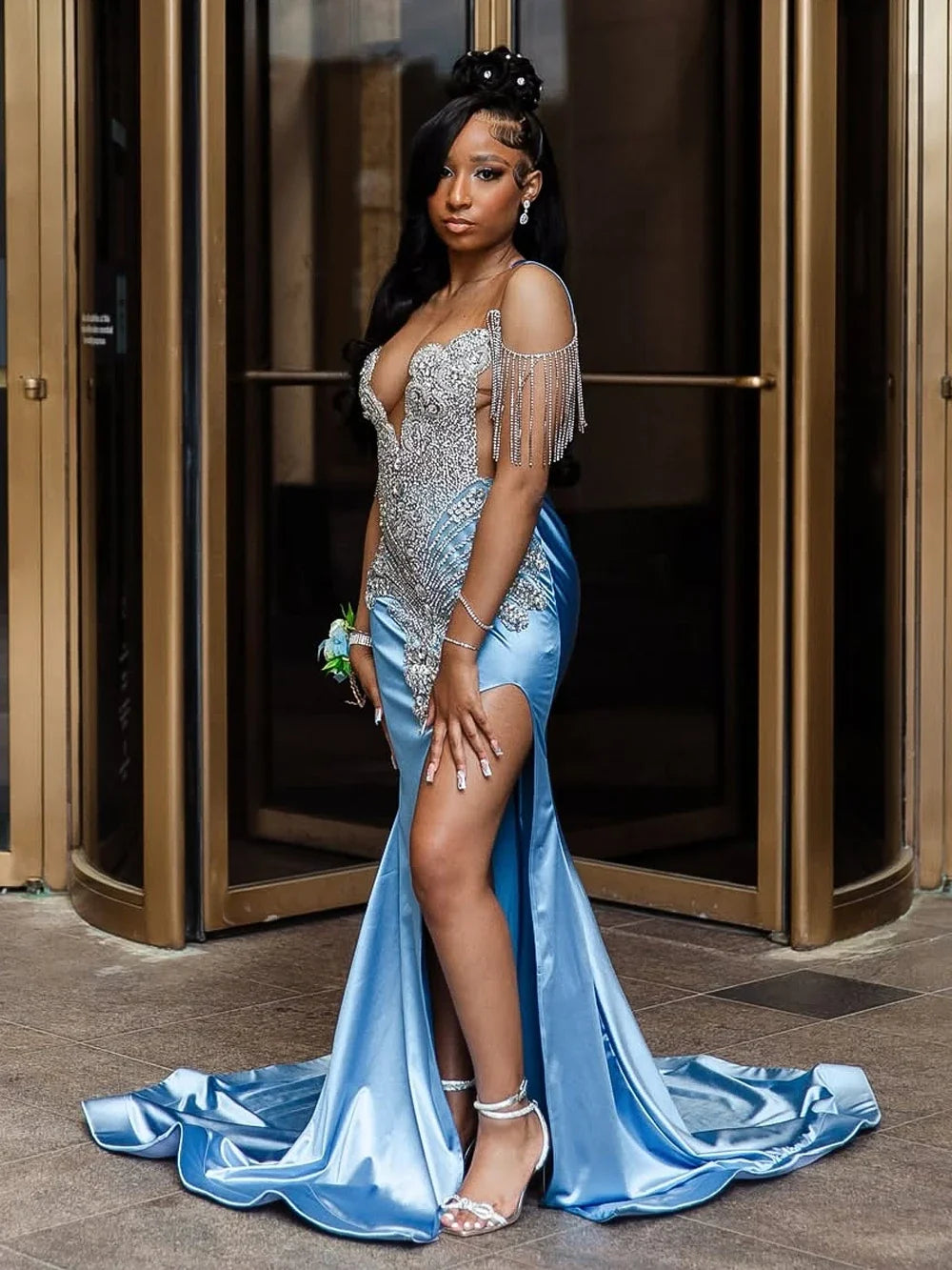 Elegant Sky Blue High Slit Long Mermaid Prom Dress with Silver Rhinestones