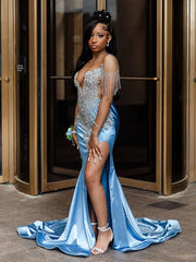 Elegant Sky Blue High Slit Long Mermaid Prom Dress with Silver Rhinestones