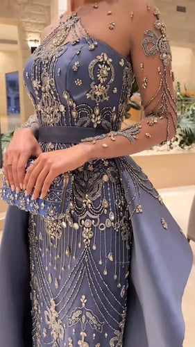 Elegant Crystal Beaded Gown With Overskirt