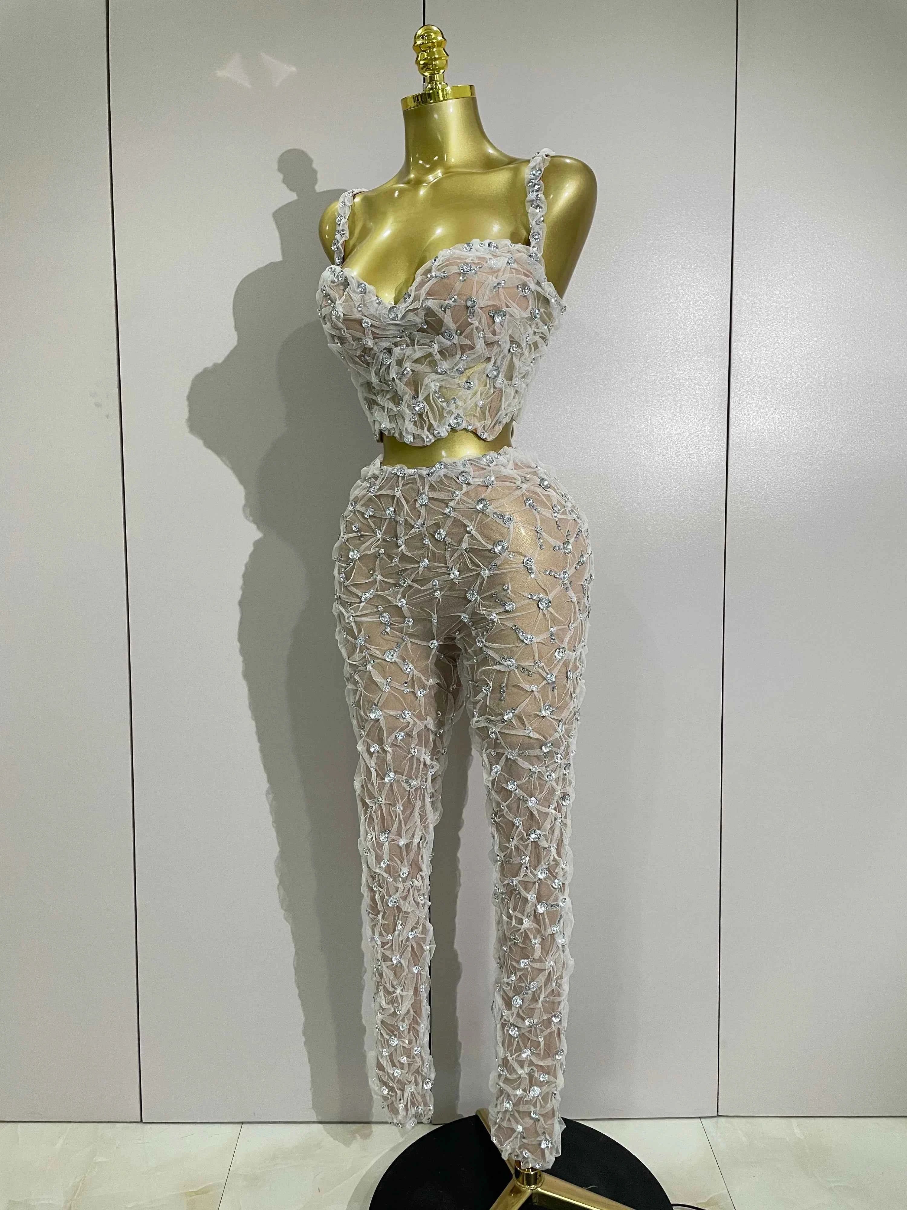Diane Sparkly Rhinestone Lace Halter Top & Wide-Leg Pants Two-Piece Set