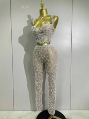 Diane Sparkly Rhinestone Lace Halter Top & Wide-Leg Pants Two-Piece Set