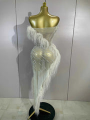 Draya Sparkly Rhinestone Off The Shoulder White Mesh See-Through Long Dress