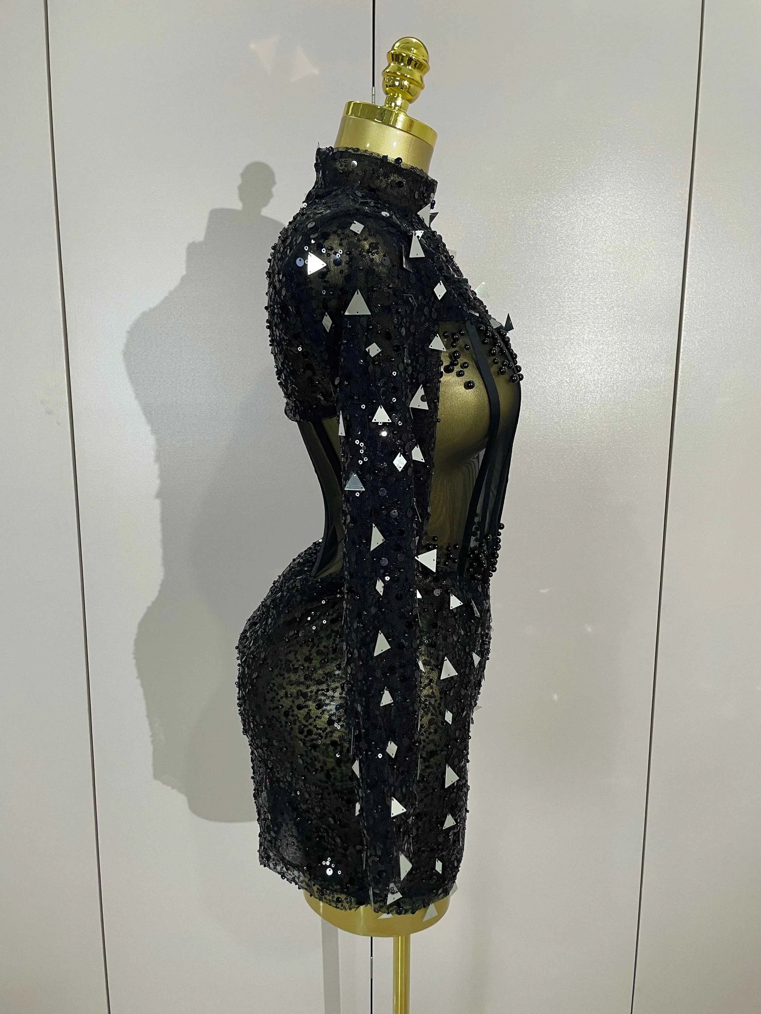 Emily Shiny Sequin Pearl Black Mesh Long Sleeve Bodycon Mini Dress