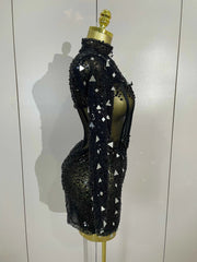 Emily Shiny Sequin Pearl Black Mesh Long Sleeve Bodycon Mini Dress