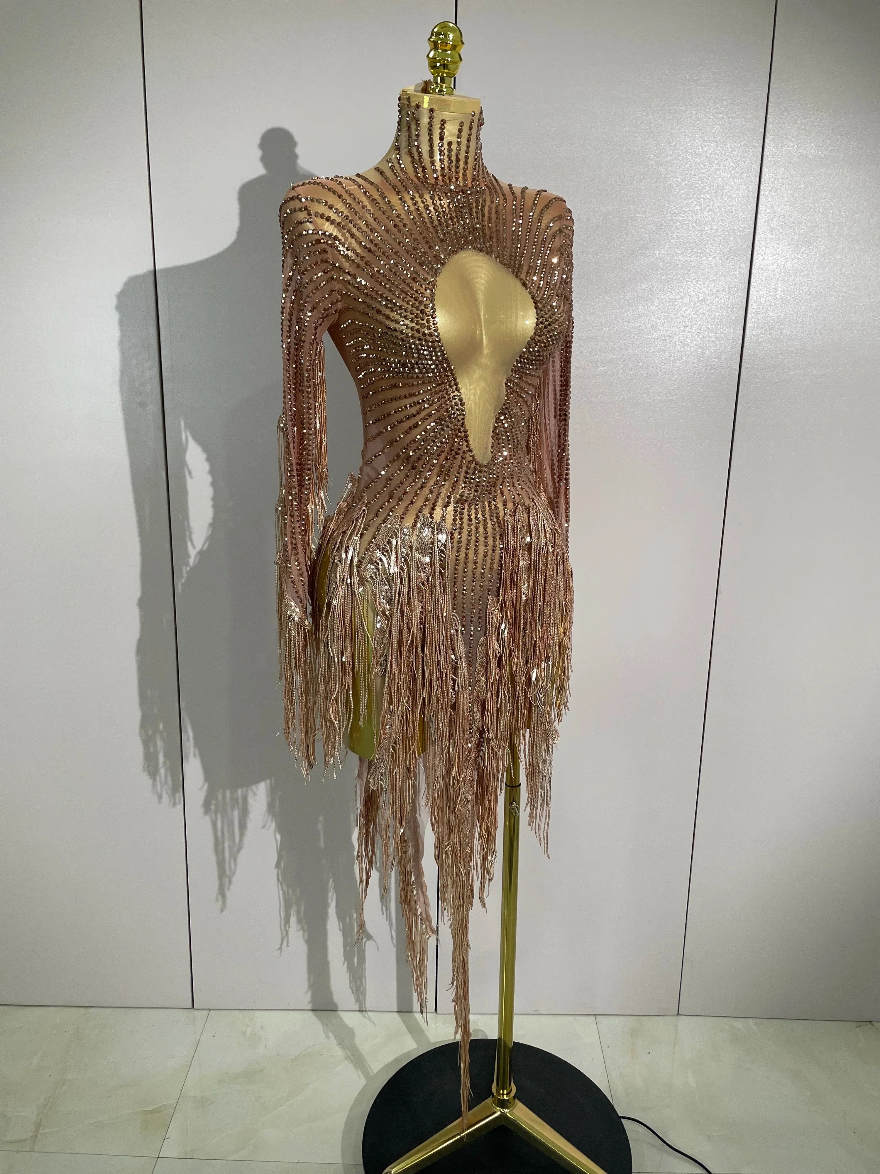 Aimee Sexy Sheer Mesh Long Sleeve Sparkly Rhinestone Sequin Tassel Dress