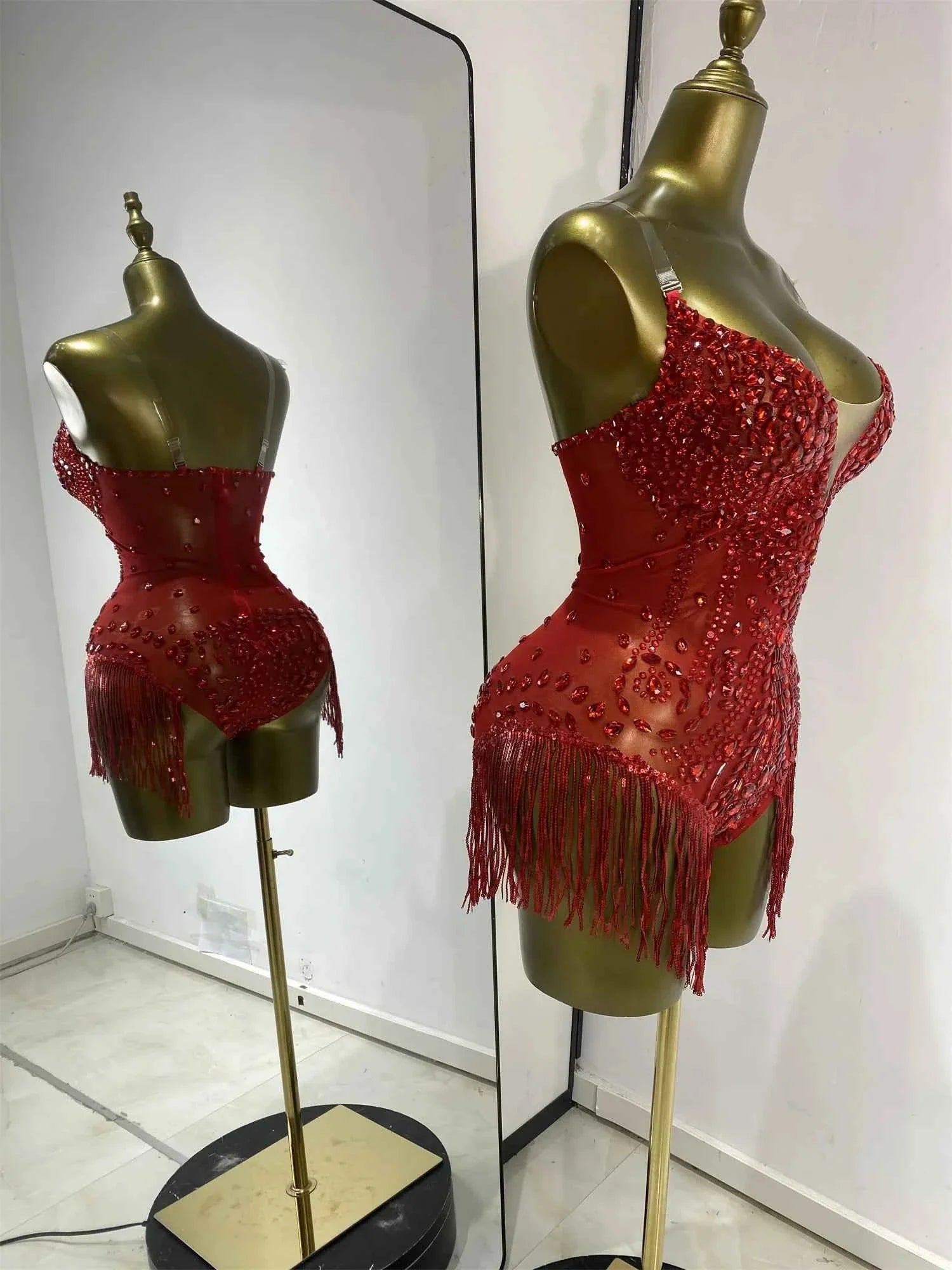 Bridgette Red Rhinestone Tassel Mesh Bodysuit for Women