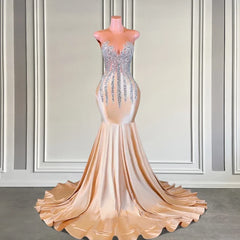 Elegant Champagne Illusion Neck Sparkly Silver Beads Prom Dress