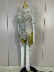 Grace Sparkly Diamond Sequin Long Sleeve Mesh See-Through Jumpsuit