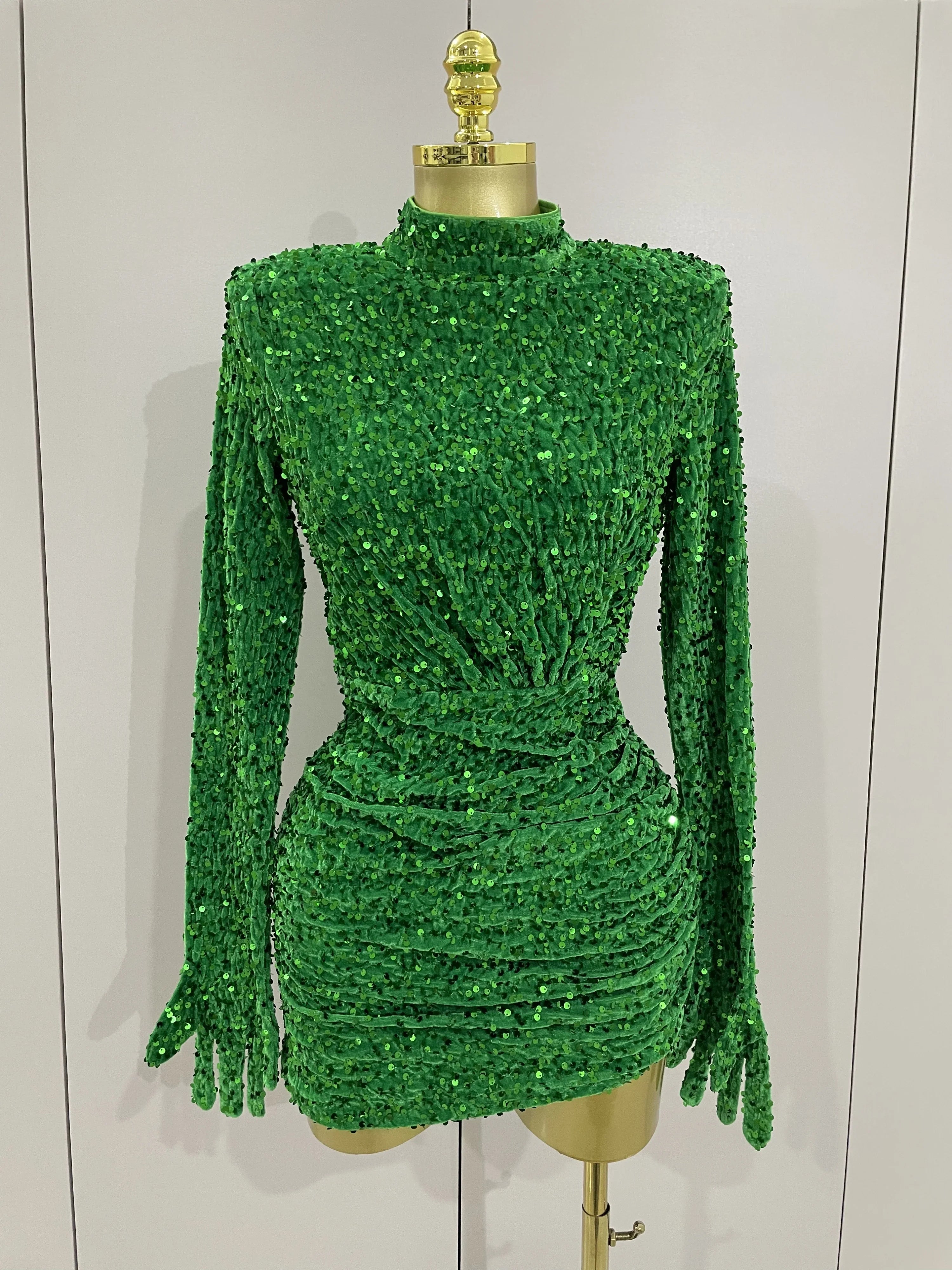 Ghee Sexy Shiny Green Sequin Long Sleeve Birthday Dress with Gloves