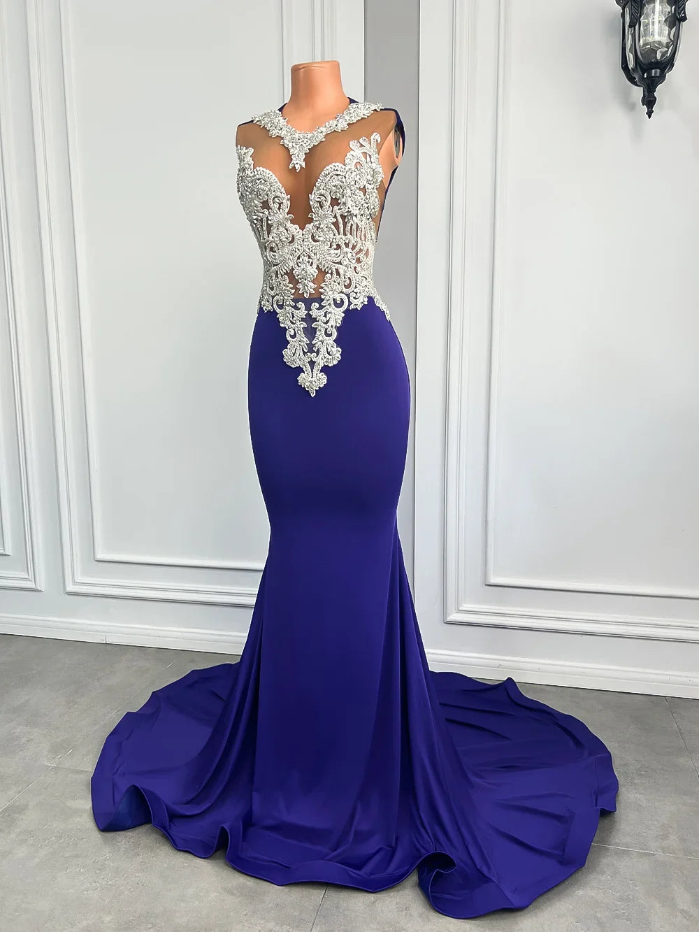Elegant Purple Beaded Lace Prom Gown