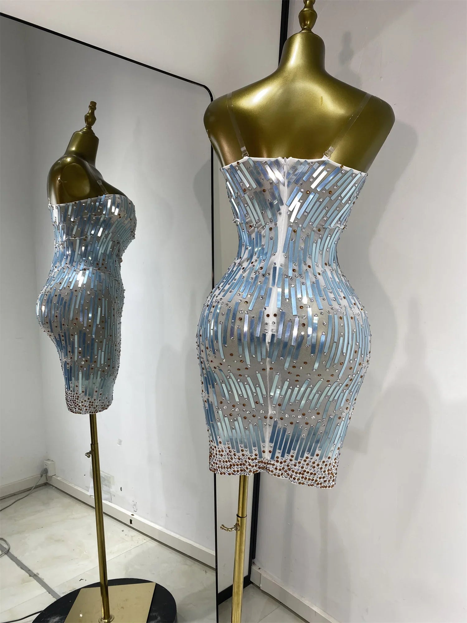 Eisa Sequin Rhinestone Mesh Bodycon Mini Dress