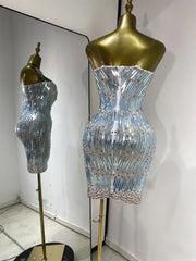 Eisa Sequin Rhinestone Mesh Bodycon Mini Dress