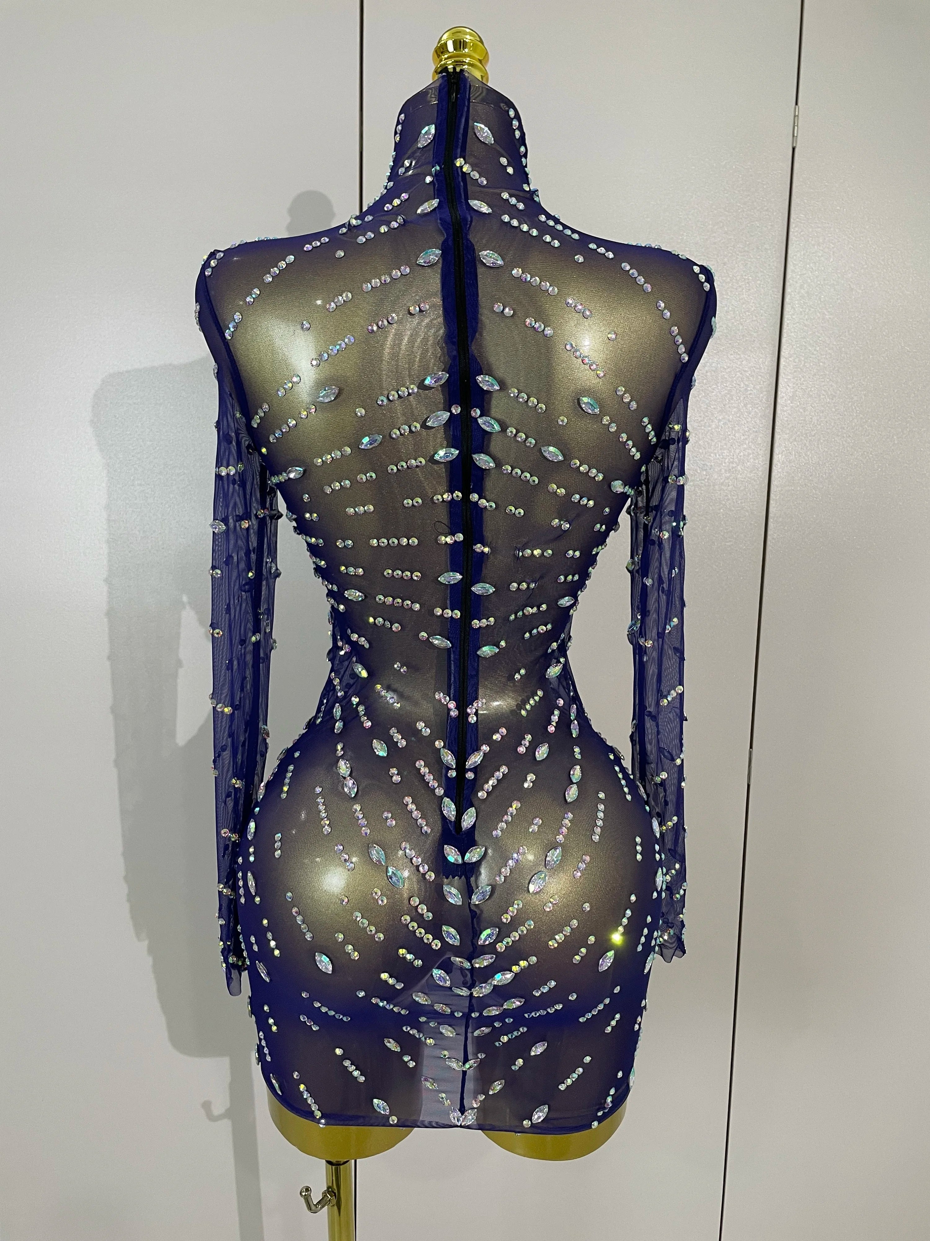 Ajay Sheer Mesh See-Through Sparkling Diamond Sequin Long Sleeve Mini Dress