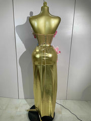 Foxy Elegant 3D Flower Golden Mesh Top Bodycon Two-Piece Set