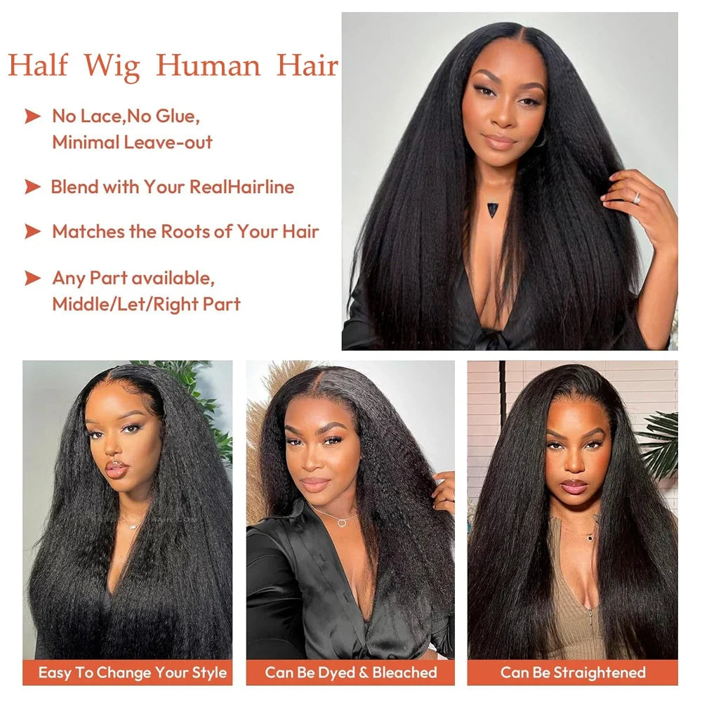 3 in 1 Half Kinky Straight Human Hair Wig – 30 Inch Wear & Go Wig, 250% Density, Drawstring Seamless Flip, No Glue No Silk