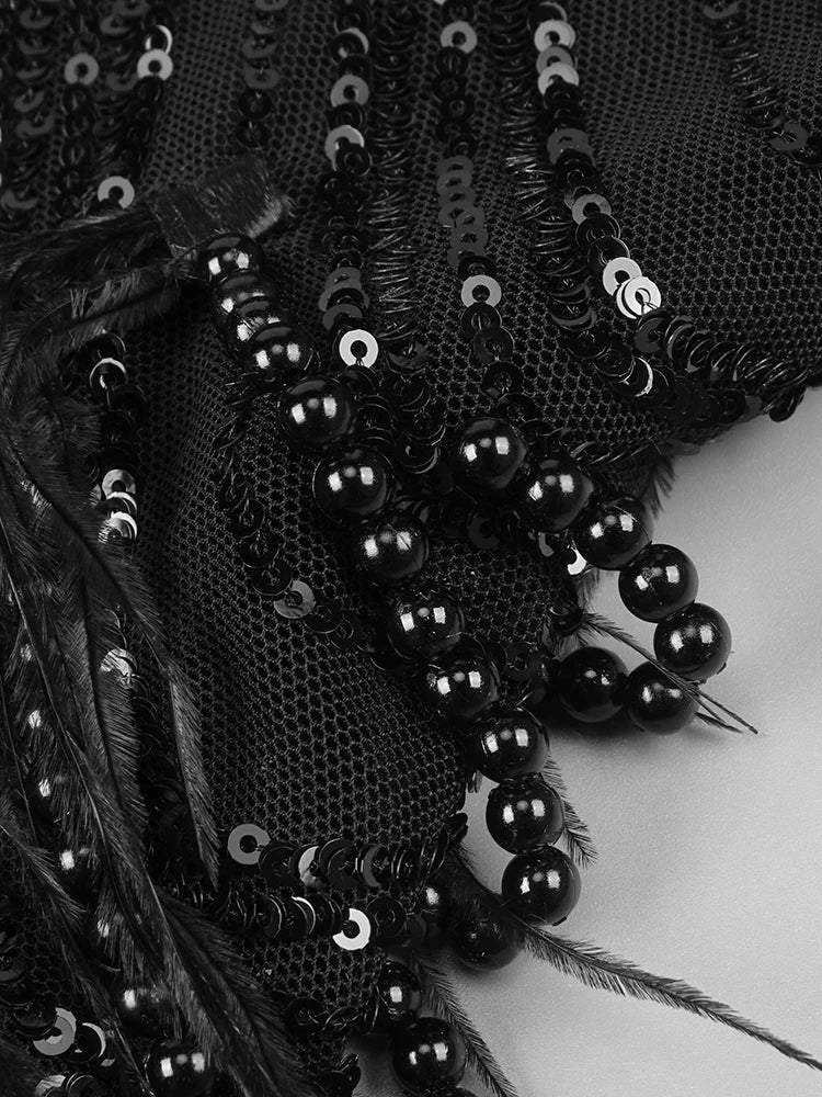 Amara – Black Pearl Chain Strapless Feather Mini Dress