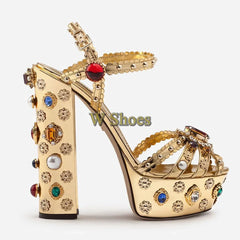 Gold Hollow Buckles Rhinestone Open-Toe Thick Heel Sandals
