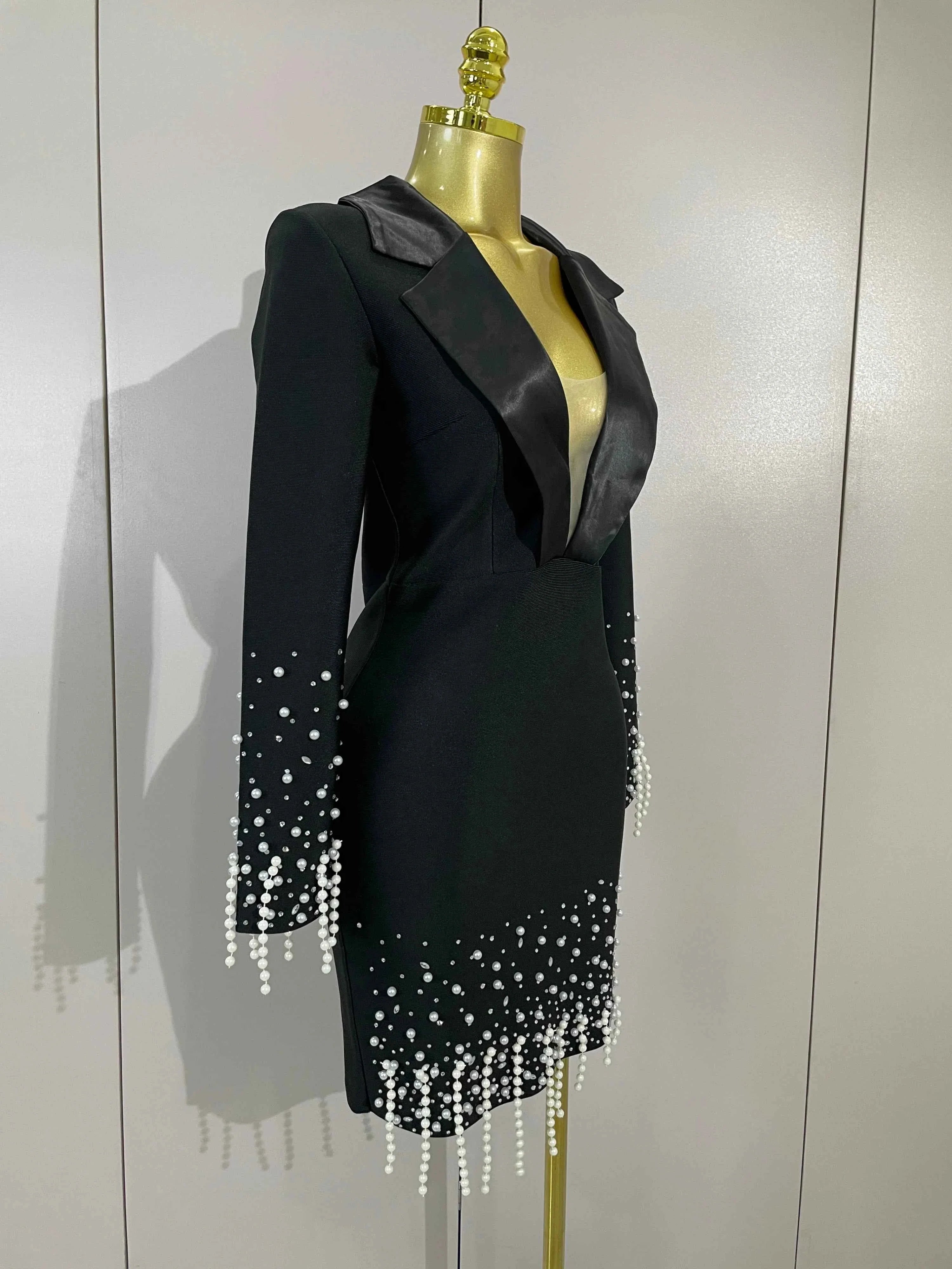 Eva Black V-Neck Pearl Beaded Long Sleeve Bodycon Bandage Dress