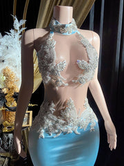 Elegant Light Blue Floral Beaded Appliques Mermaid Prom Dress