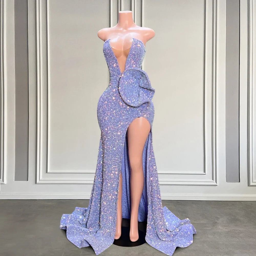 Charming Sequins Long Mermaid Prom Dresses Strapless Sexy High Slit