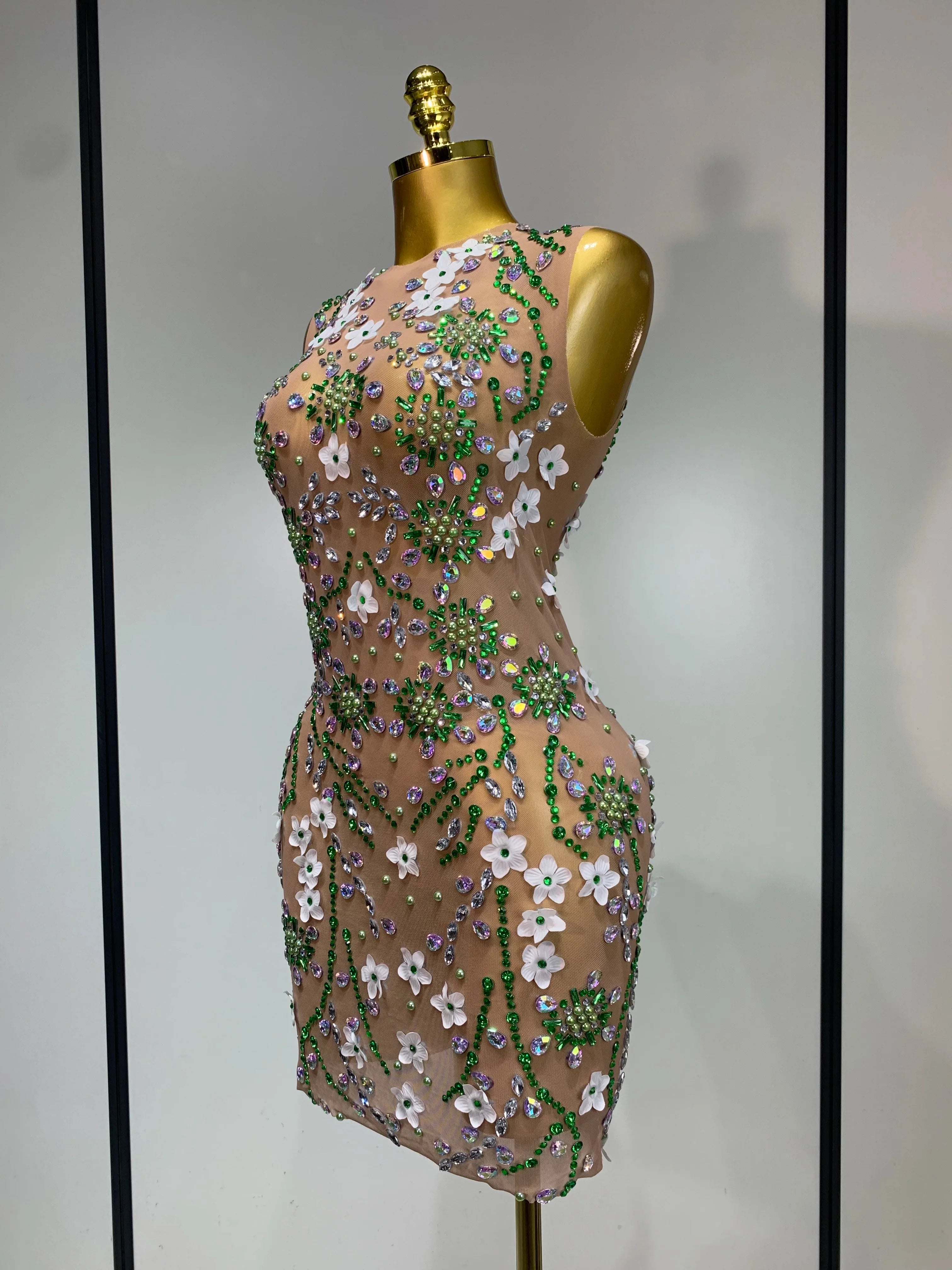 Georgette Sexy Mesh Sheer White Floral Rhinestone Dress