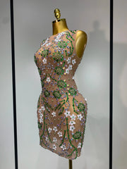 Georgette Sexy Mesh Sheer White Floral Rhinestone Dress