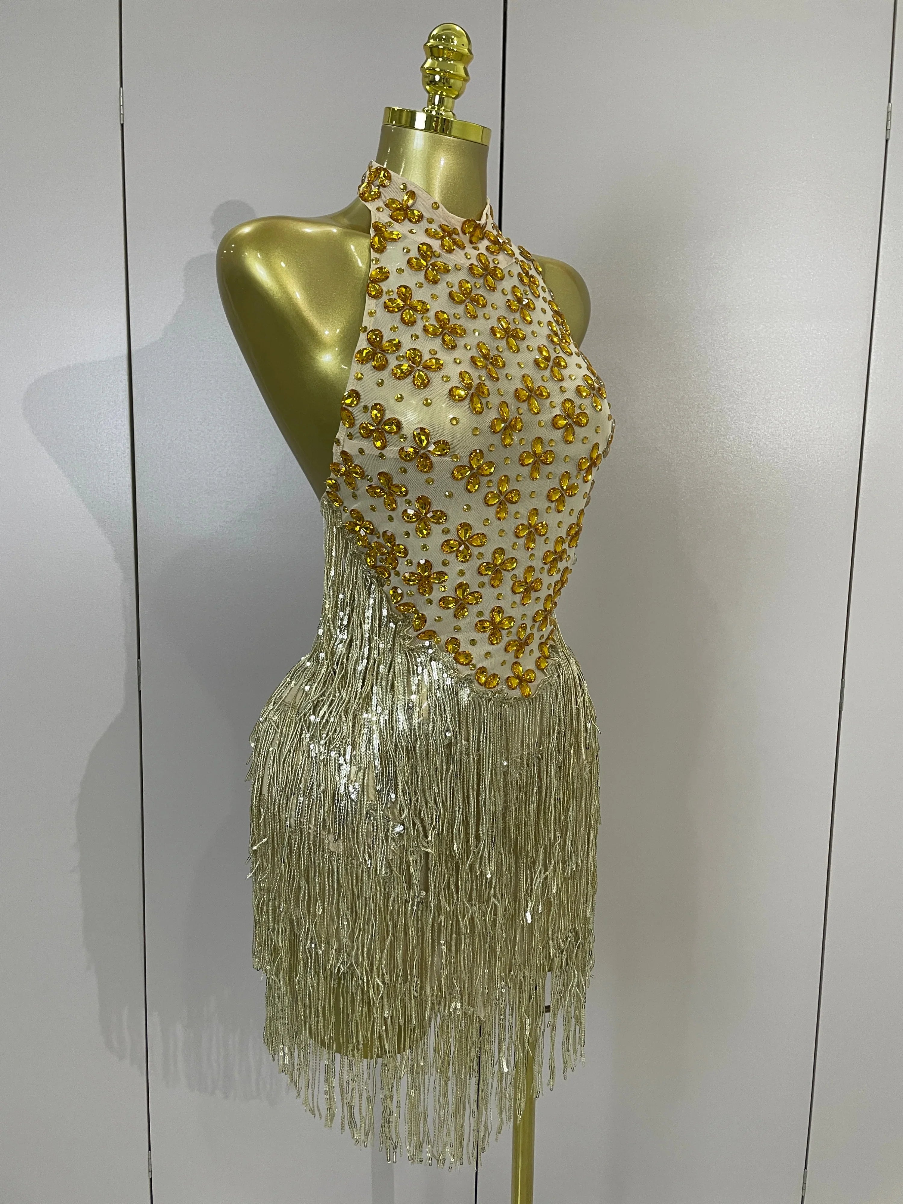 Aaliyah Gold Diamond Mesh Tassel Bodycon Mini Dress
