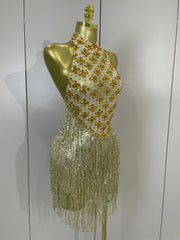Aaliyah Gold Diamond Mesh Tassel Bodycon Mini Dress