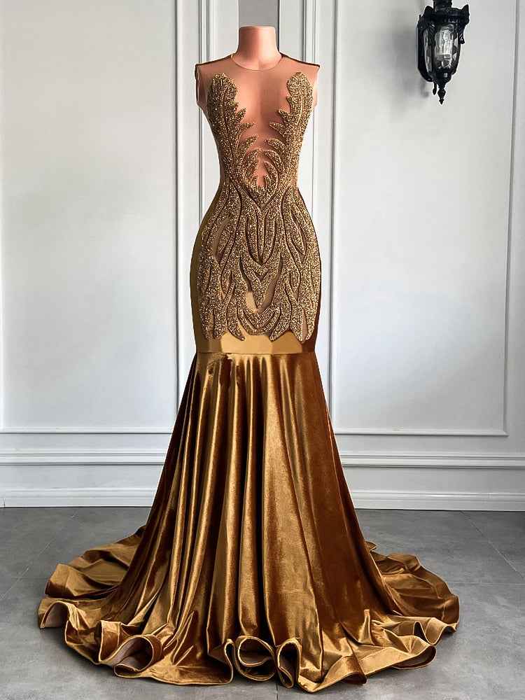 Gold Mermaid Prom Dress - Sheer Top Diamond Velvet Mermaid Gown