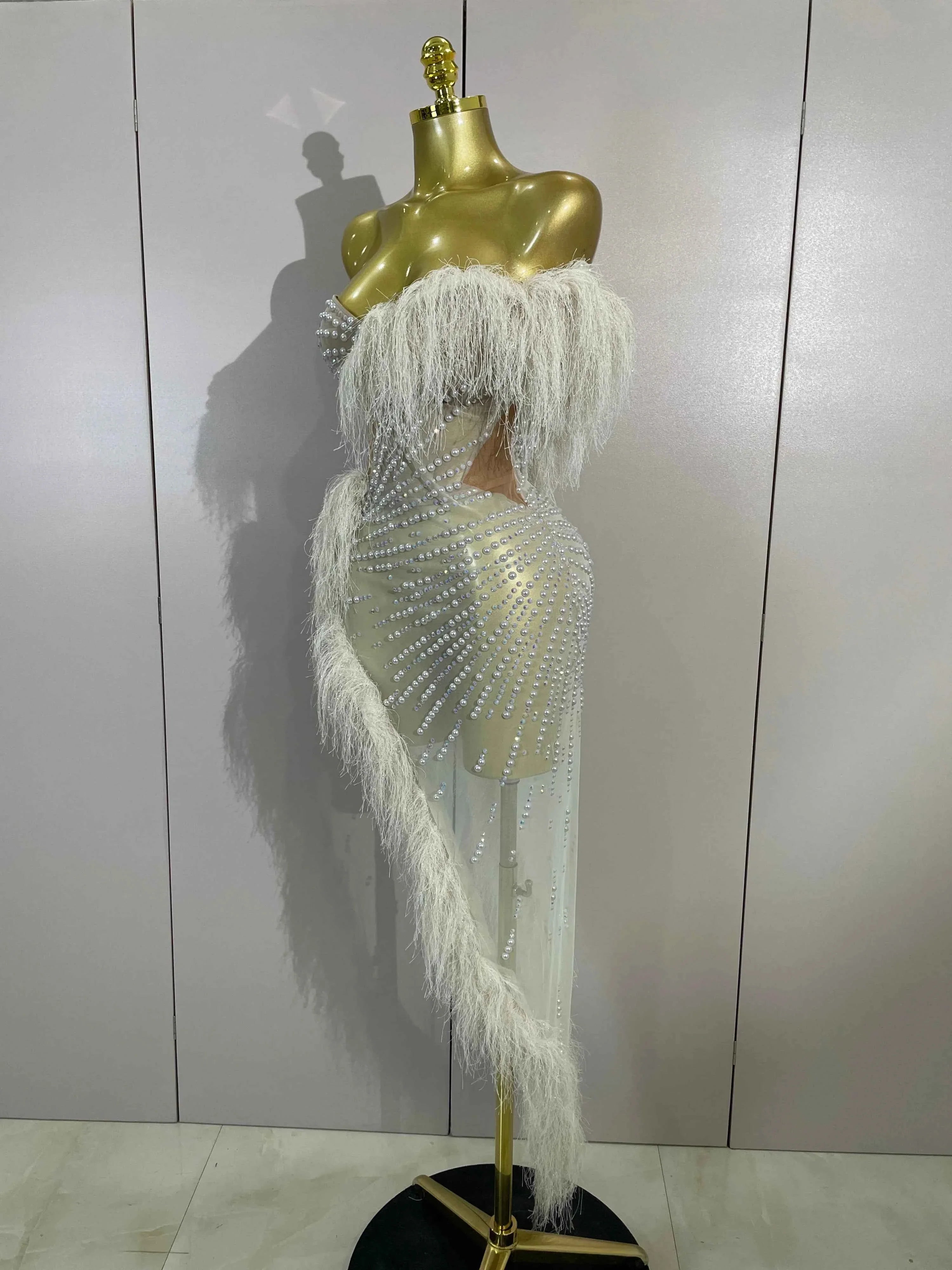 Draya Sparkly Rhinestone Off The Shoulder White Mesh See-Through Long Dress