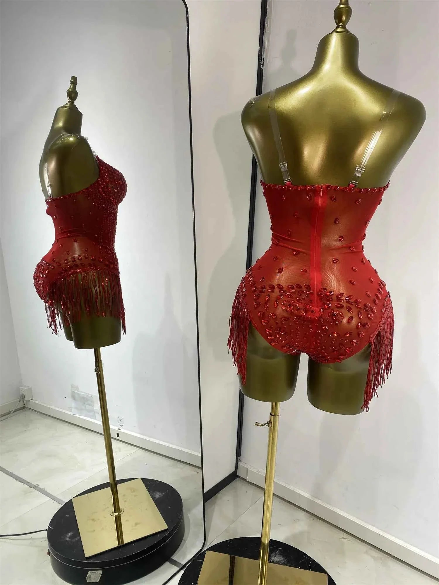 Bridgette Red Rhinestone Tassel Mesh Bodysuit for Women