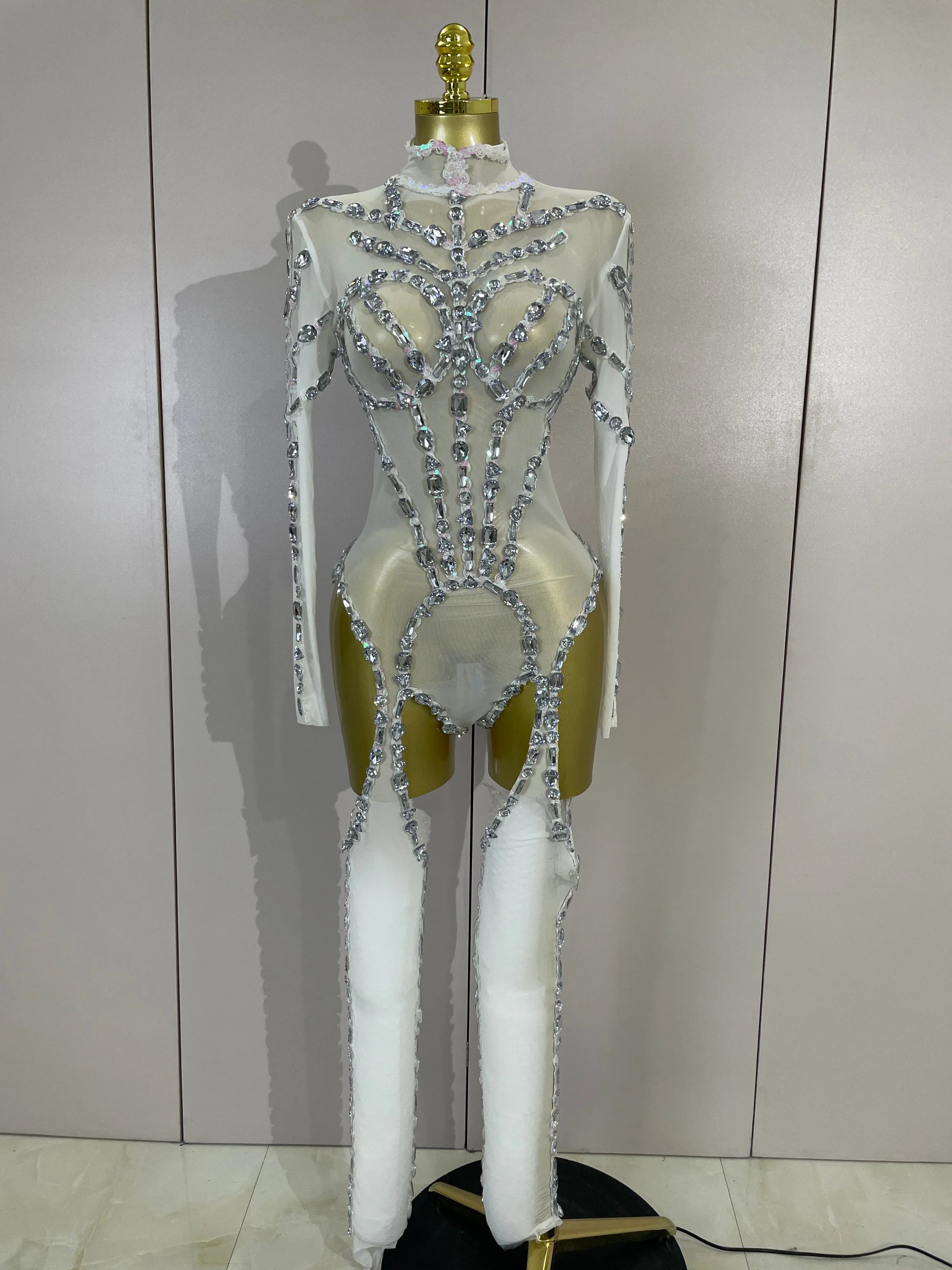 Grace Sparkly Diamond Sequin Long Sleeve Mesh See-Through Jumpsuit