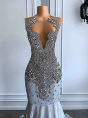 Exquisite Silver Luxury Mermaid Prom Dress with Diamond Accents
