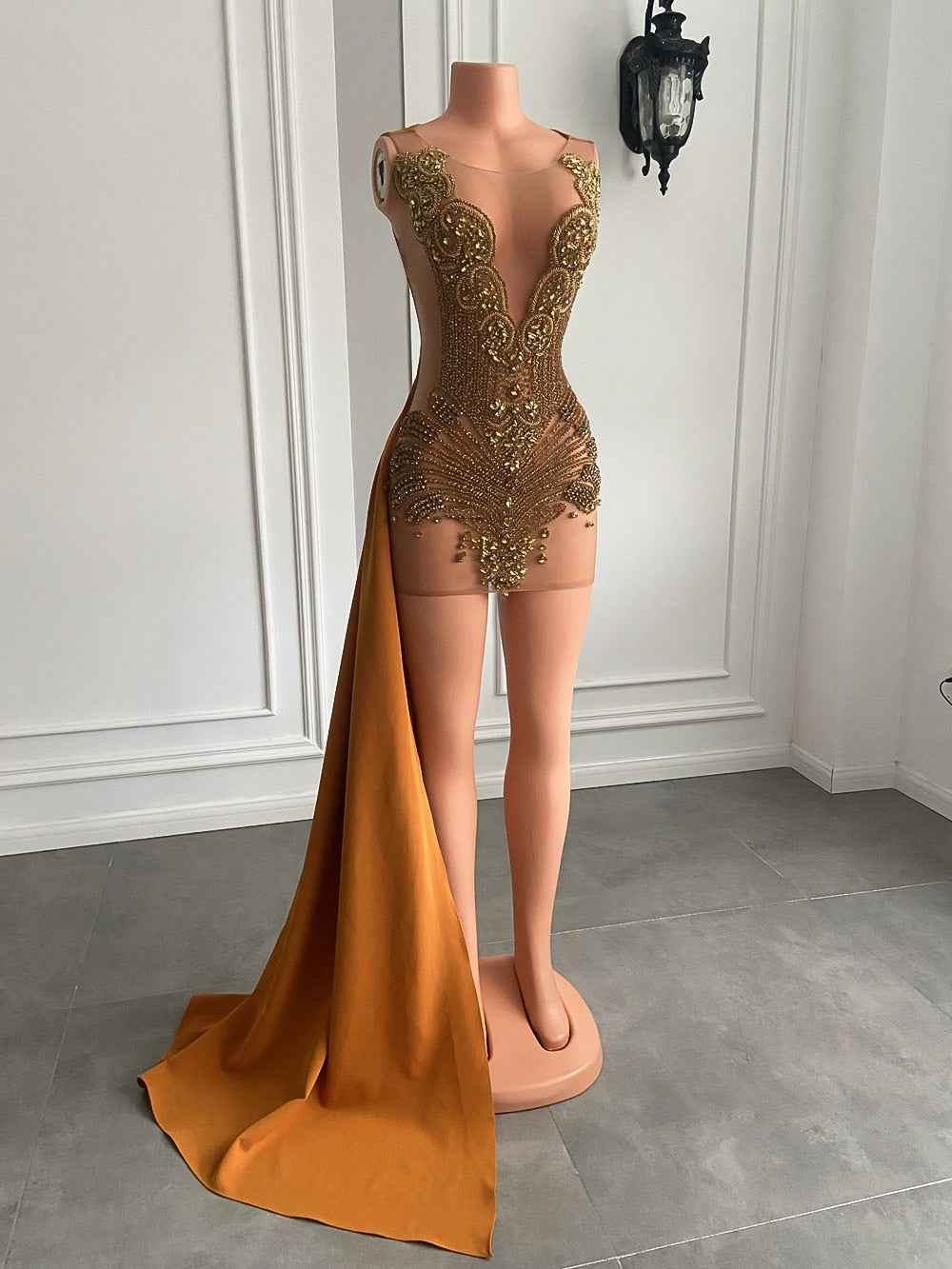 Gold Scalloped Mesh Beaded Mini Birthday Dress