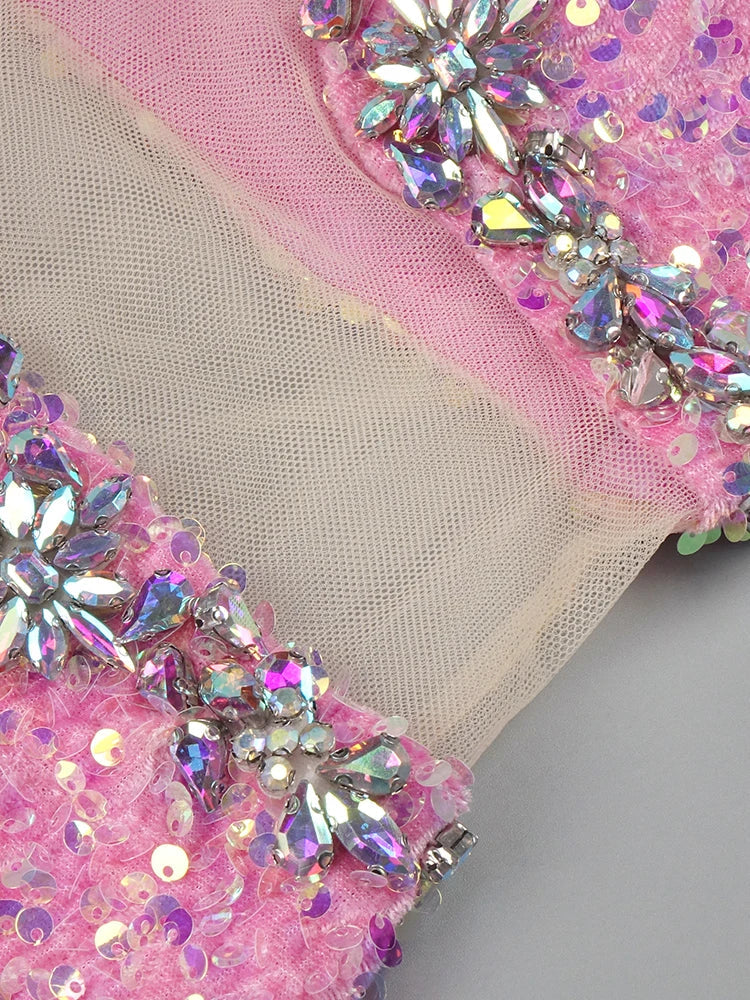 Elara – Pink Sequin Crystal Feather High Slit Gown