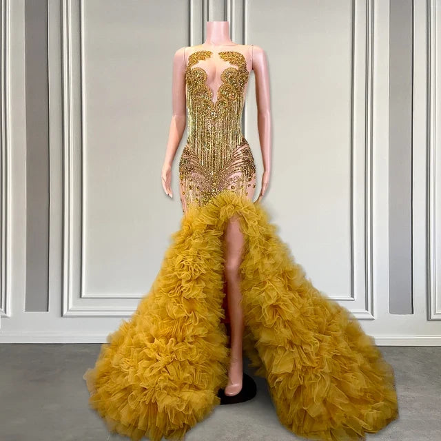 Gold Luxury Mermaid Ruffle Slit Prom Dress