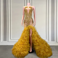 Gold Luxury Mermaid Ruffle Slit Prom Dress