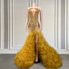 Gold Luxury Mermaid Ruffle Slit Prom Dress