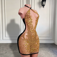 Gold Beaded Velvet Mini Cocktail Birthday Dress