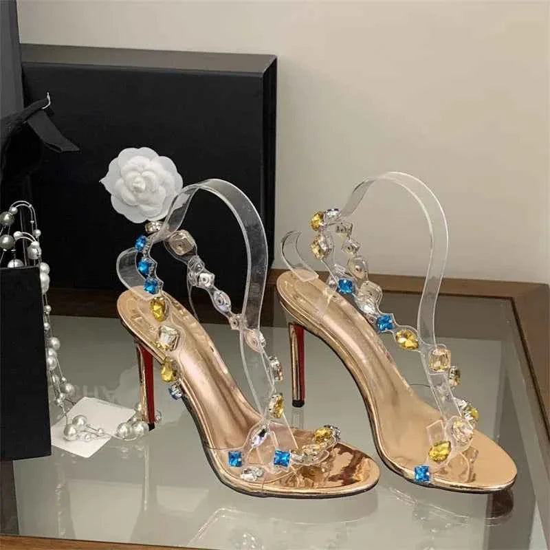 Clear PVC Rhinestone Slingback Sandals Open-Toe Thin Stiletto Heels