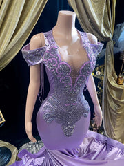 Glamorous Lilac Off-Shoulder Mermaid Prom Gown with Crystals