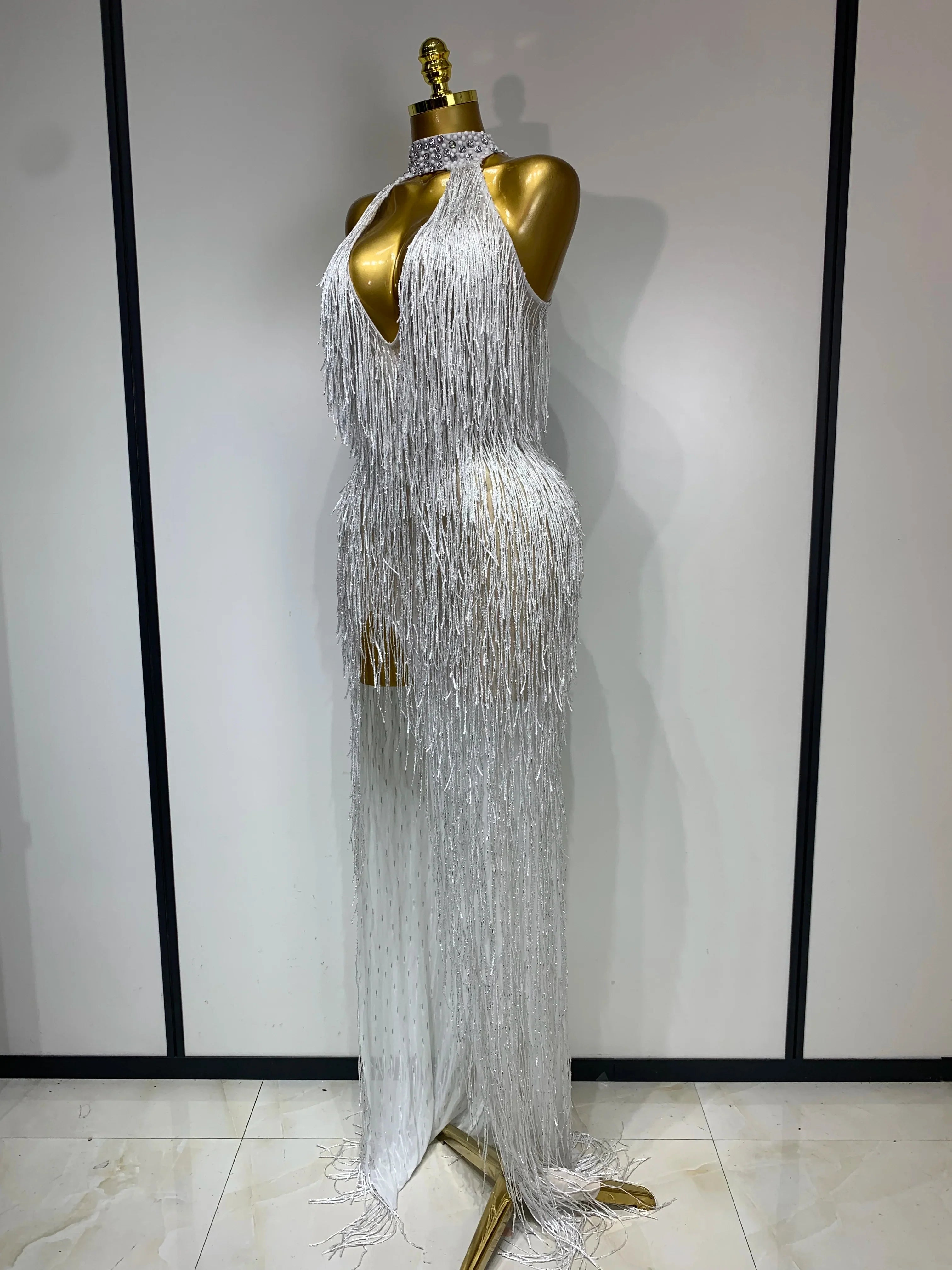 Allison Elegant Sexy Shiny Crystal Tassel Long Dress