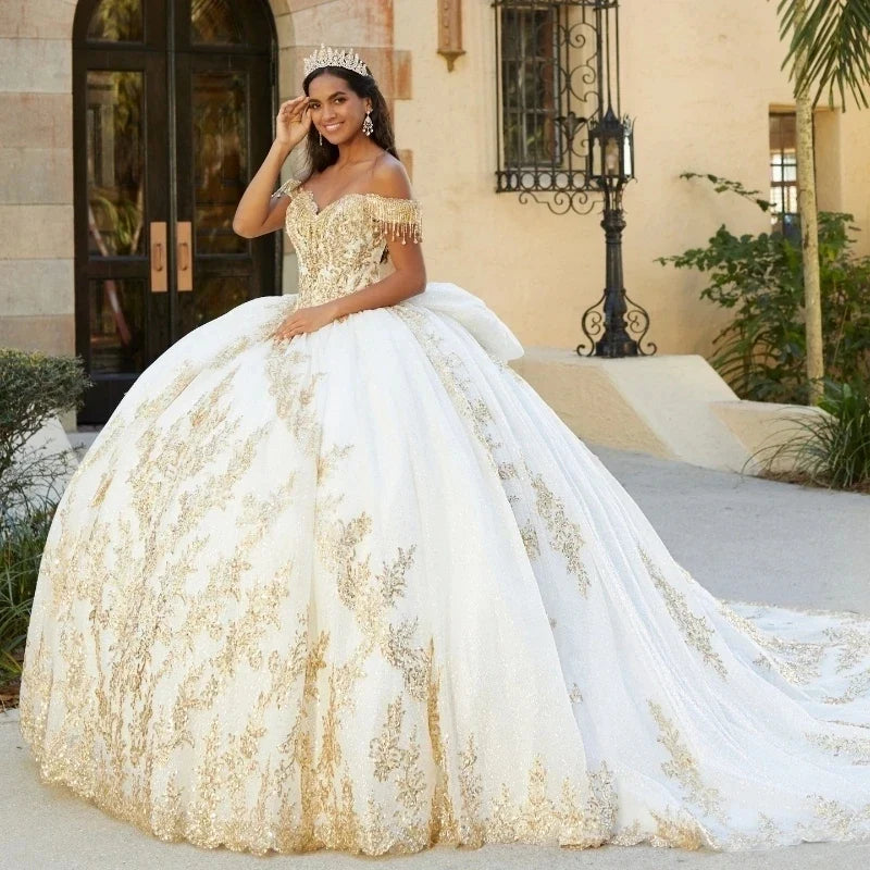 Gold Lace Applique Beads Quinceañera Dress