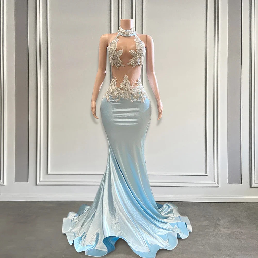Elegant Light Blue Floral Beaded Appliques Mermaid Prom Dress