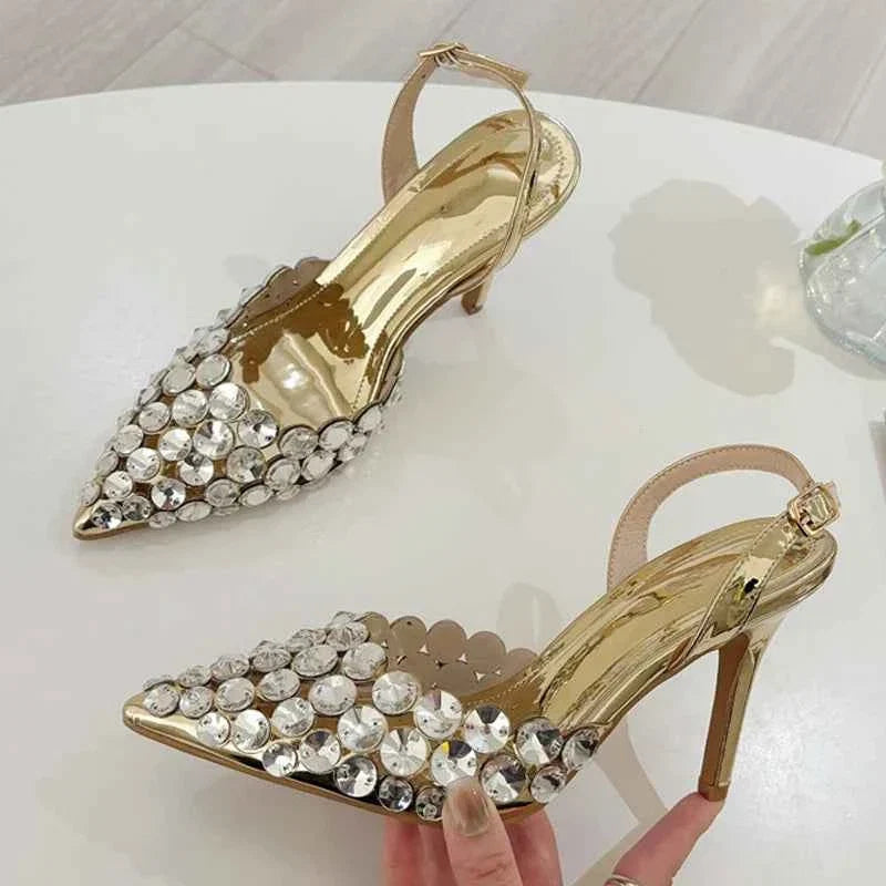 Elegant Pointed Toe Slingback Stiletto Sandals Crystal Diamonds Women Pumps High Heels